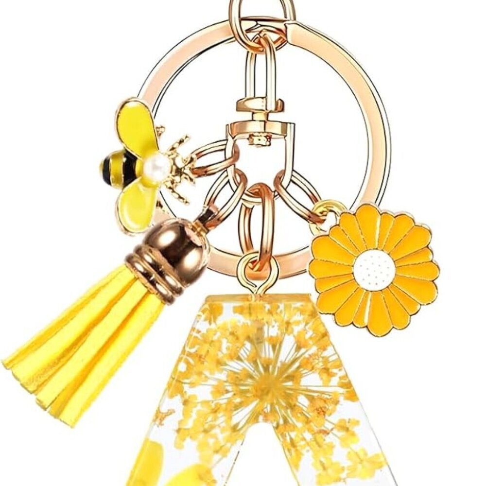 Initial Letter Keychain Resin Alphabet Keyrings,Yellow Petals Gold Foil Key Ring